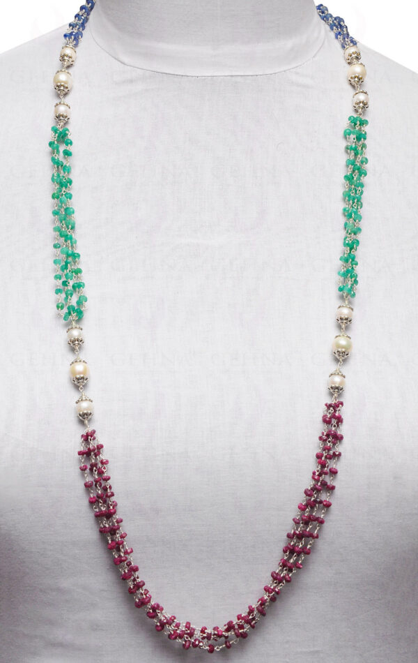 Pearl, Ruby, Emerald & Sapphire Faceted Bead Knotted Chain In Silver Cm1114