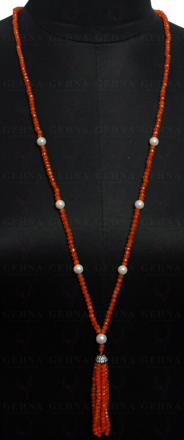 42" Inches Pearl & Carnelian Gemstone Faceted Bead Necklace NM-1114