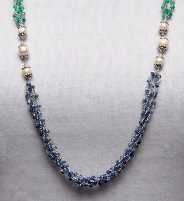 Pearl, Ruby, Emerald & Sapphire Faceted Bead Knotted Chain In Silver Cm1114