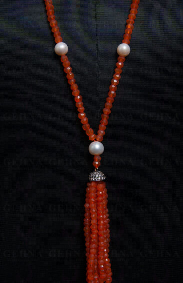 42″ Inches Pearl & Carnelian Gemstone Faceted Bead Necklace NM-1114