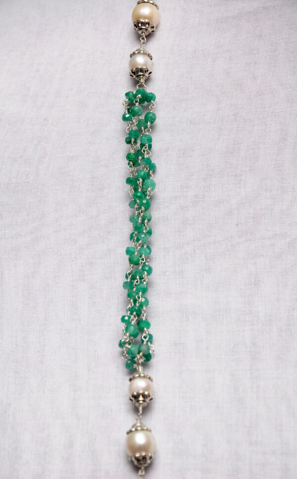 Pearl, Ruby, Emerald & Sapphire Faceted Bead Knotted Chain In Silver Cm1114