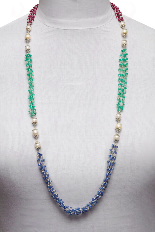 Pearl, Ruby, Emerald & Sapphire Faceted Bead Knotted Chain In Silver Cm1114