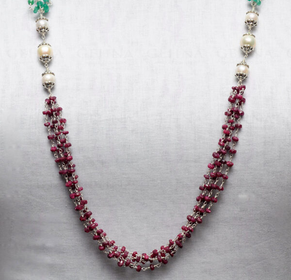 Pearl, Ruby, Emerald & Sapphire Faceted Bead Knotted Chain In Silver Cm1114