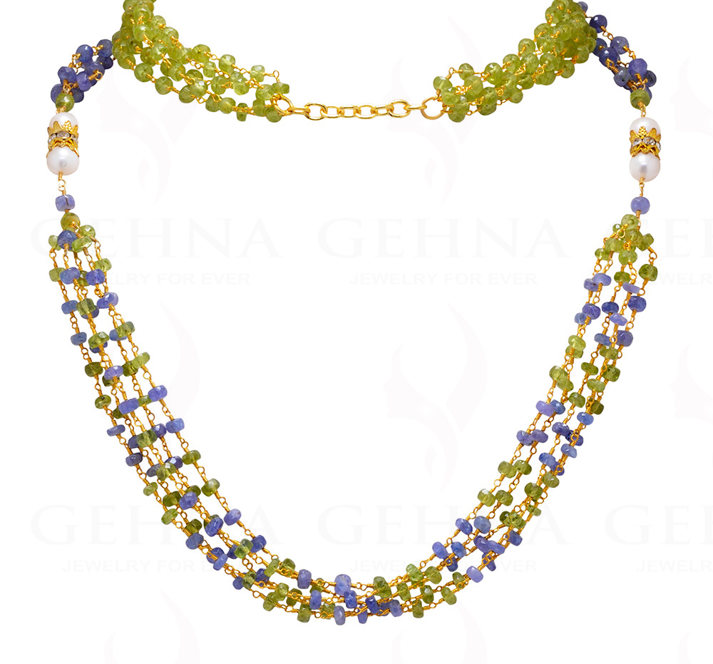 Pearl, Peridot & Tanzanite Gemstone Faceted Bead Knotted Chain In Silver Cm1115