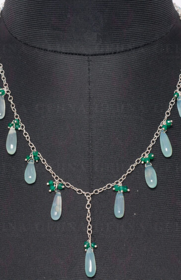 Blue Chalcedony & Green Onyx Drop & Bead Shape Knotted In Chain Necklace CS-1115