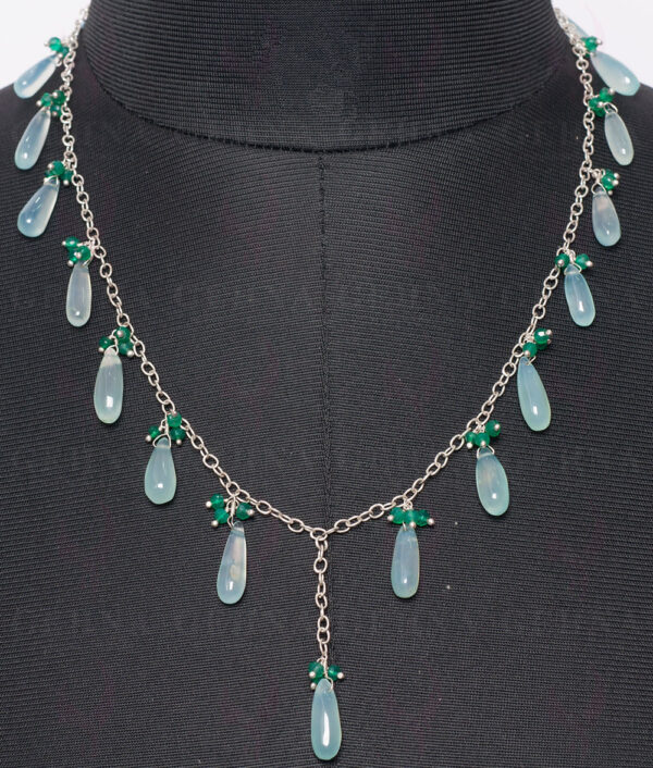 Blue Chalcedony & Green Onyx Drop & Bead Shape Knotted In Chain Necklace CS-1115