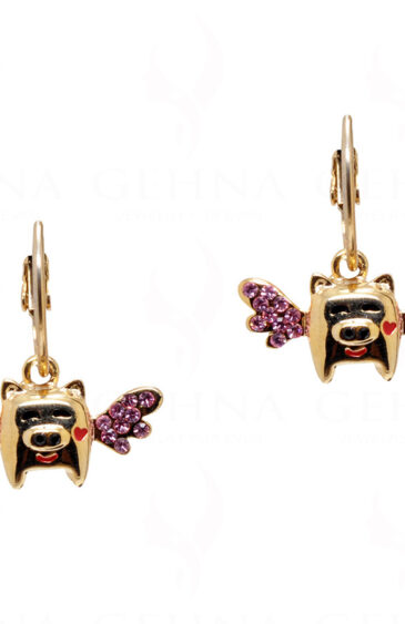 Simulated Diamond Studded Gold Plated Pigge Shaped Earrings FE-1115