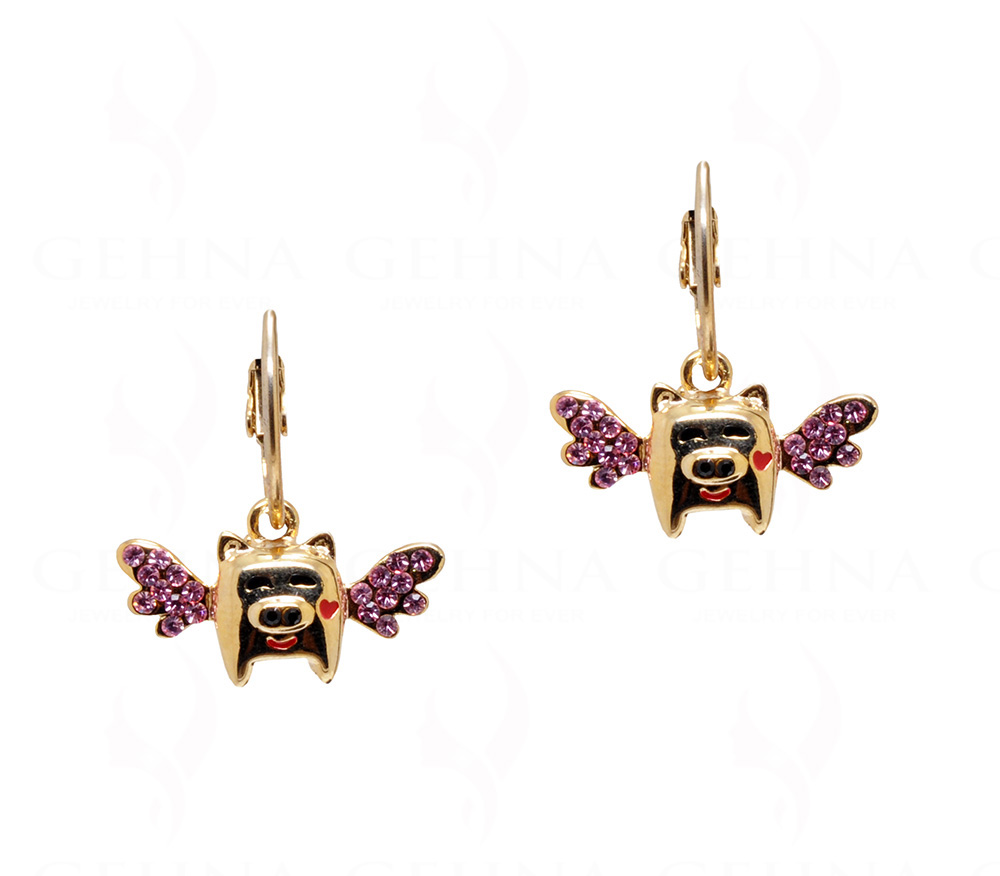 Simulated Diamond Studded Gold Plated Pigge Shaped Earrings FE-1115