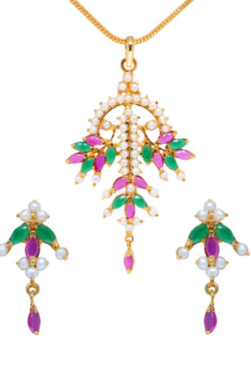 Ethnic Ruby, Emerald & Stunning Pearl Studded Pendant & Earring Set FP-1115