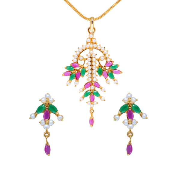 Ethnic Ruby, Emerald & Stunning Pearl Studded Pendant & Earring Set FP-1115