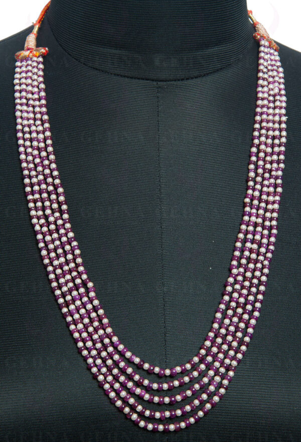 5 Rows Of Pearl & Ruby Gemstone Bead Necklace NM-1115