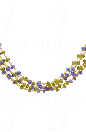 Pearl, Peridot & Tanzanite Gemstone Faceted Bead Knotted Chain In Silver Cm1115