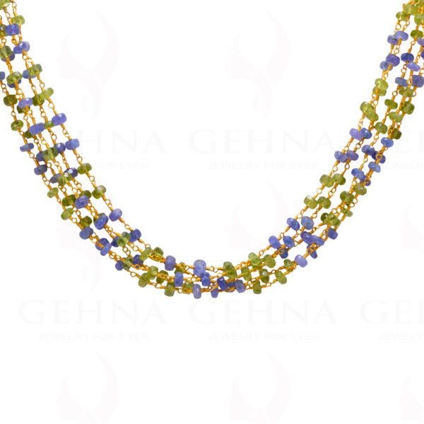 Pearl, Peridot & Tanzanite Gemstone Faceted Bead Knotted Chain In Silver Cm1115