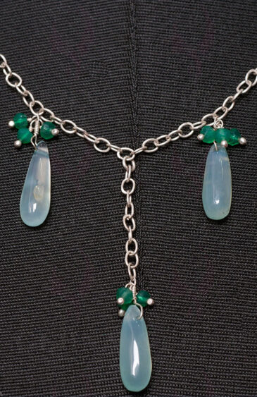 Blue Chalcedony & Green Onyx Drop & Bead Shape Knotted In Chain Necklace CS-1115
