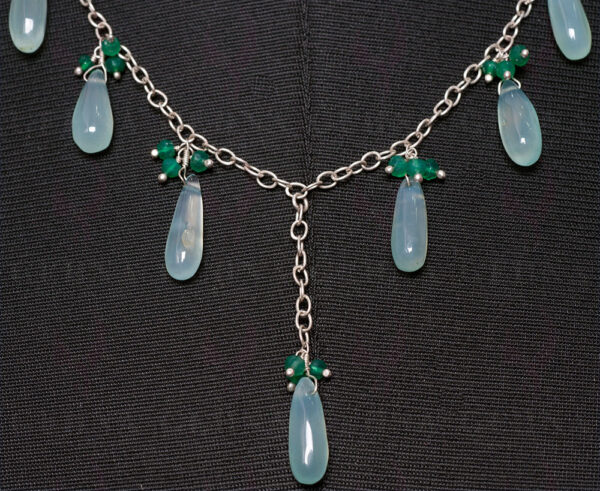 Blue Chalcedony & Green Onyx Drop & Bead Shape Knotted In Chain Necklace CS-1115