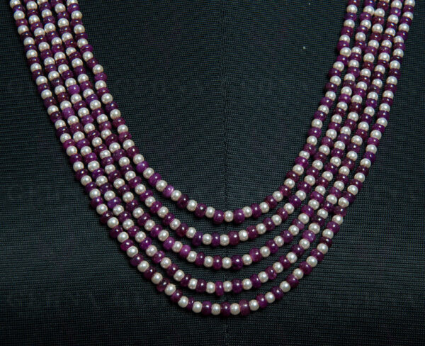 5 Rows Of Pearl & Ruby Gemstone Bead Necklace NM-1115