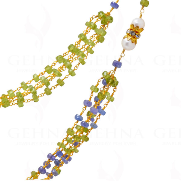 Pearl, Peridot & Tanzanite Gemstone Faceted Bead Knotted Chain In Silver Cm1115