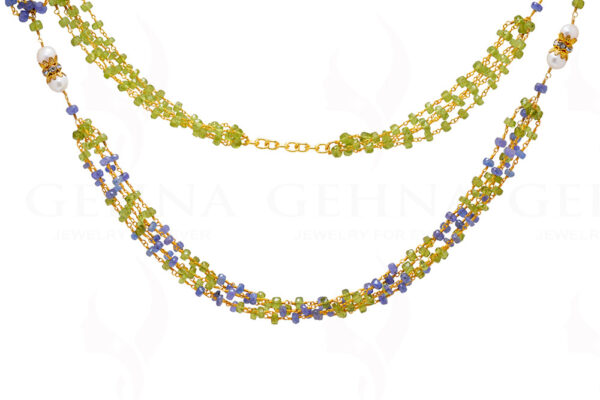 Pearl, Peridot & Tanzanite Gemstone Faceted Bead Knotted Chain In Silver Cm1115