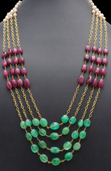 Pearl, Ruby & Emerald Gemstone Bead Chain & Earring In .925 Silver Cm1116