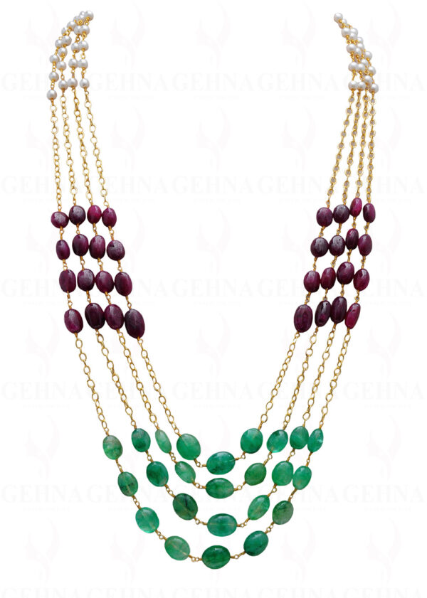 Pearl, Ruby & Emerald Gemstone Bead Chain & Earring In .925 Silver Cm1116