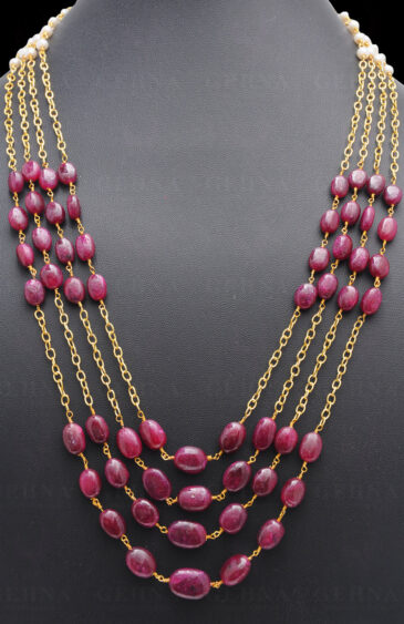 4 Rows Pearl & Ruby Gemstone Bead Chain & Earring In .925 Sterling Silver Cm1117