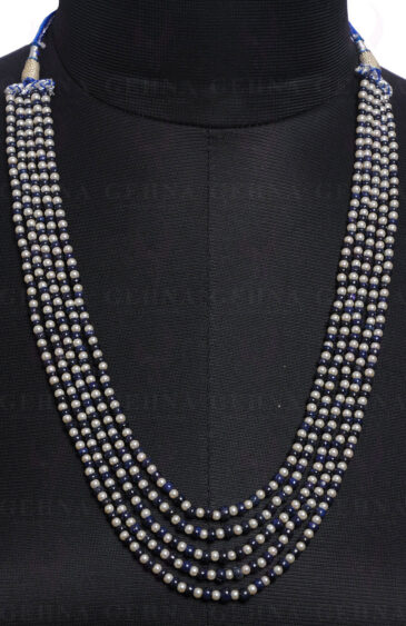 5 Rows Of Pearl & Blue Sapphire Gemstone Bead Necklace NM-1117