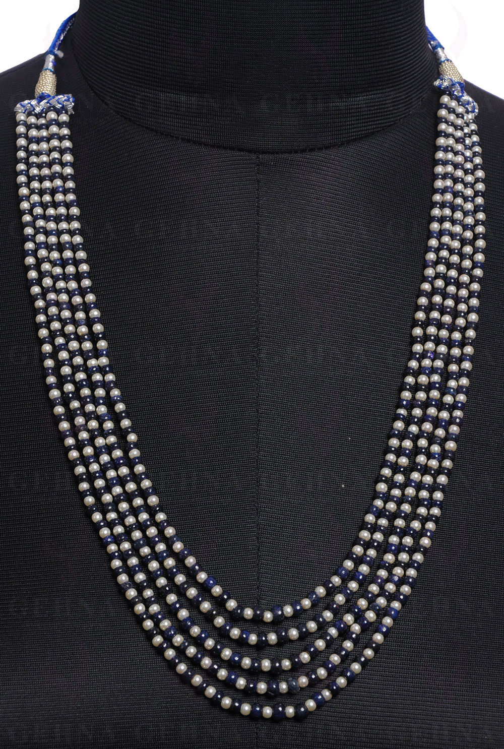 5 Rows Of Pearl & Blue Sapphire Gemstone Bead Necklace NM-1117