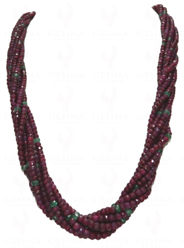 5 Rows Of Ruby & Emerald Gemstone Faceted Bead Twisted Necklace NP-1117