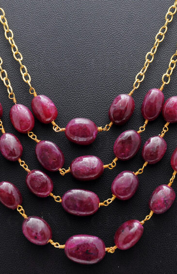 4 Rows Pearl & Ruby Gemstone Bead Chain & Earring In .925 Sterling Silver Cm1117