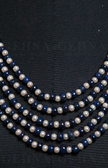 5 Rows Of Pearl & Blue Sapphire Gemstone Bead Necklace NM-1117