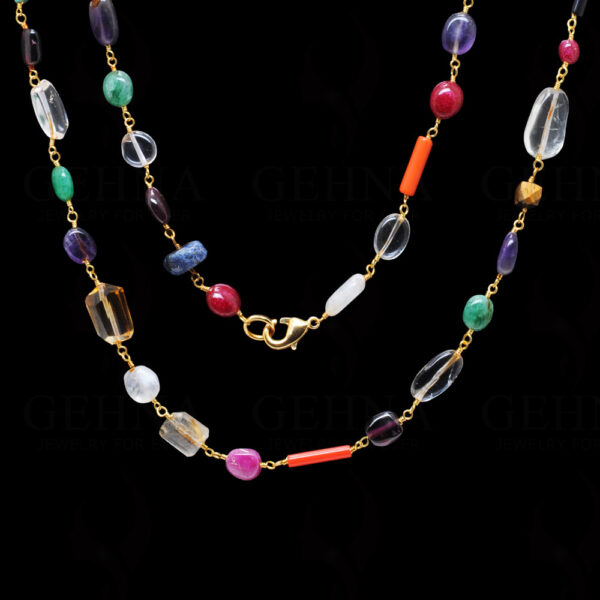 Multi Color Gemstone Oval Shape Knotted In.925 Sterling Silver Chain CS-1117