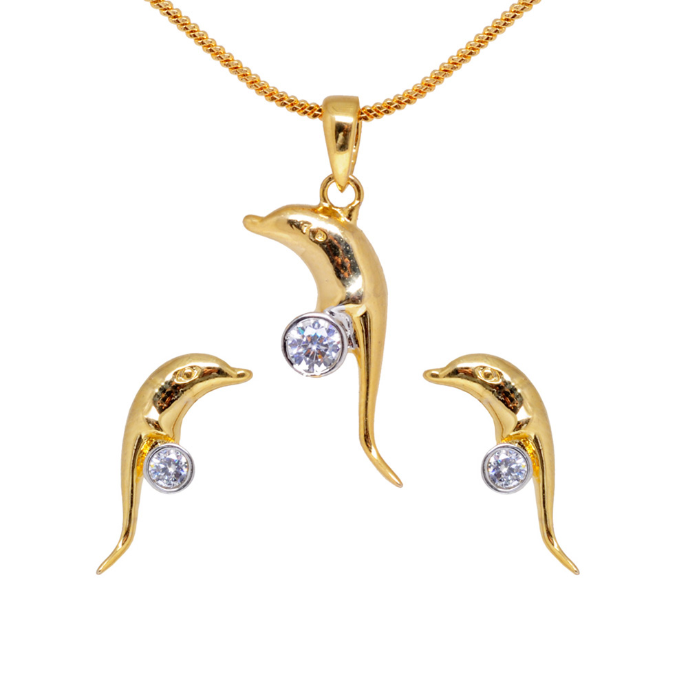 Classic Topaz Studded Gold Plated Fish Design Pendant & Earring Set FP-1118