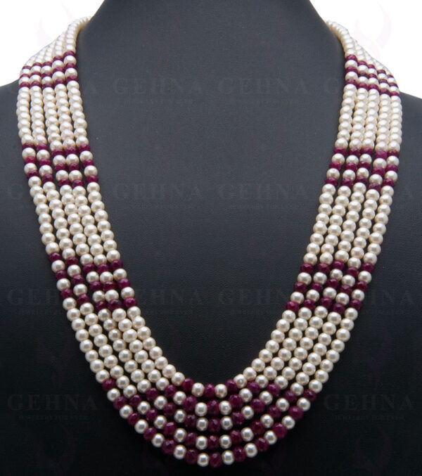 5 Rows Of Pearl & Ruby Gemstone Faceted Bead Necklace NM-1118