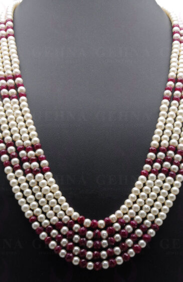 5 Rows Of Pearl & Ruby Gemstone Faceted Bead Necklace NM-1118