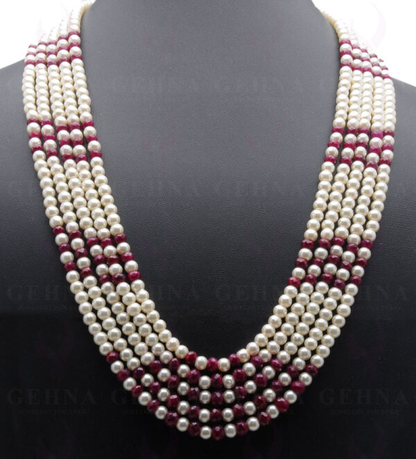 5 Rows Of Pearl & Ruby Gemstone Faceted Bead Necklace NM-1118