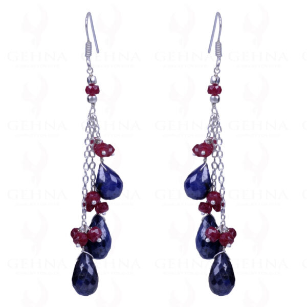 Blue Sapphire Drops & Ruby Gemstone Earrings Made In .925 Sterling Silver ES-1119