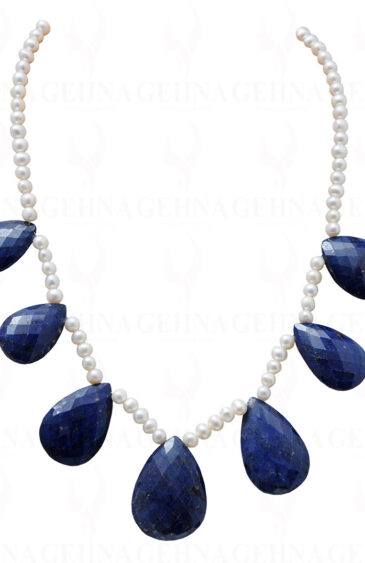Pearl & Blue Sapphire Gemstone Faceted Almond Shape Bead Necklace NM-1119