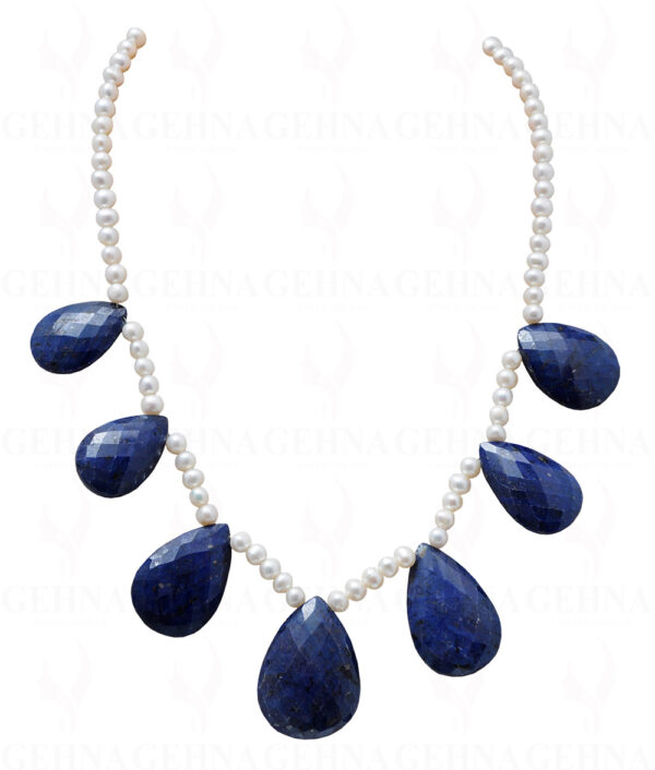 Pearl & Blue Sapphire Gemstone Faceted Almond Shape Bead Necklace NM-1119