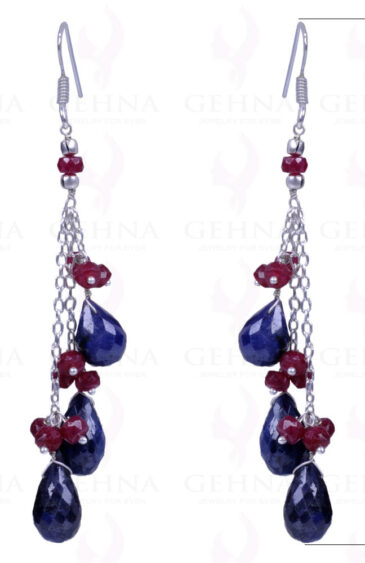 Blue Sapphire Drops & Ruby Gemstone Earrings Made In .925 Sterling Silver ES-1119