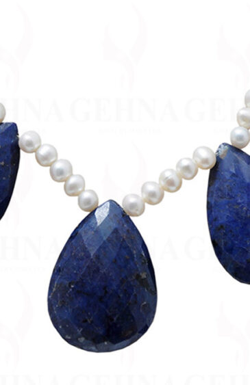 Pearl & Blue Sapphire Gemstone Faceted Almond Shape Bead Necklace NM-1119