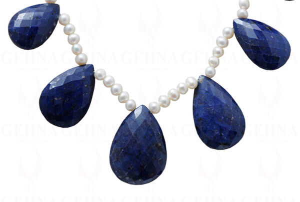 Pearl & Blue Sapphire Gemstone Faceted Almond Shape Bead Necklace NM-1119