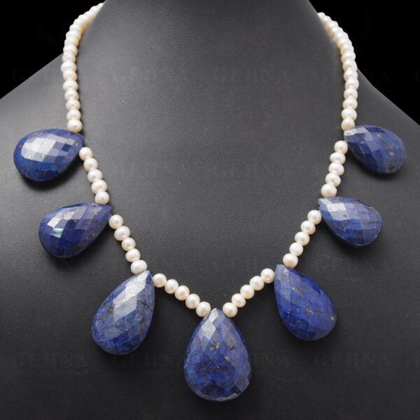 Pearl & Blue Sapphire Gemstone Faceted Almond Shape Bead Necklace NM-1119