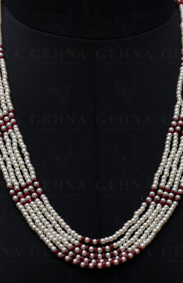 5 Rows Of Pearl & Ruby Gemstone Faceted Bead Necklace NM-1120