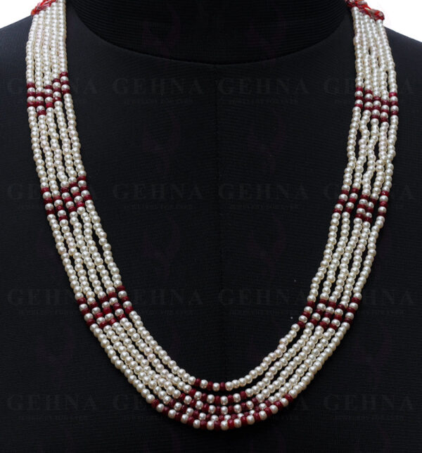 5 Rows Of Pearl & Ruby Gemstone Faceted Bead Necklace NM-1120