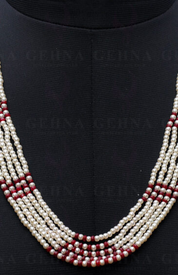 5 Rows Of Pearl & Ruby Gemstone Faceted Bead Necklace NM-1120