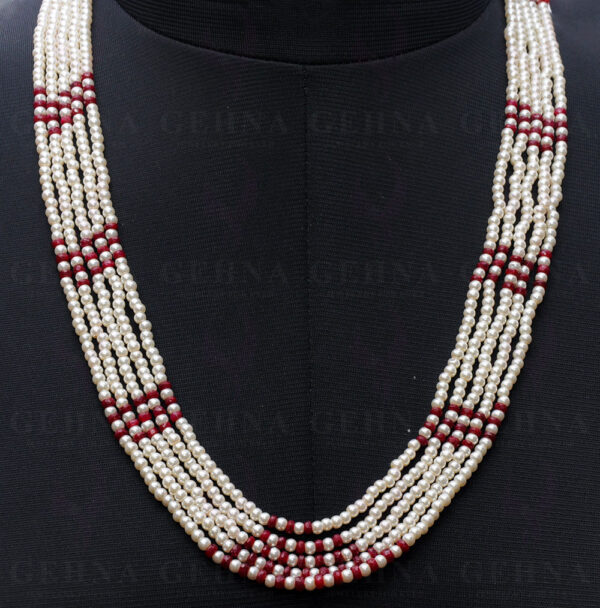 5 Rows Of Pearl & Ruby Gemstone Faceted Bead Necklace NM-1120