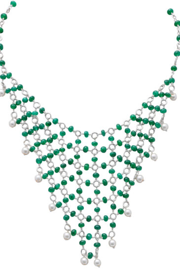 Pearl & Emerald Gemstone Knotted Bead Necklace In .925 Sterling Silver Cm1122