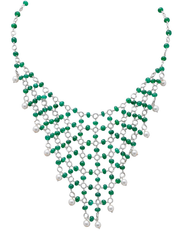 Pearl & Emerald Gemstone Knotted Bead Necklace In .925 Sterling Silver Cm1122