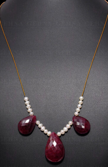 Almond Shape Ruby & Pearl Beaded Necklace NM-1122