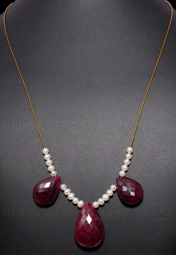 Almond Shape Ruby & Pearl Beaded Necklace NM-1122